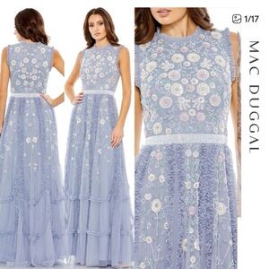 Mac Duggal - Slate Blue Embroidered High Neck Sleeveless Ruffled Gown Size 16